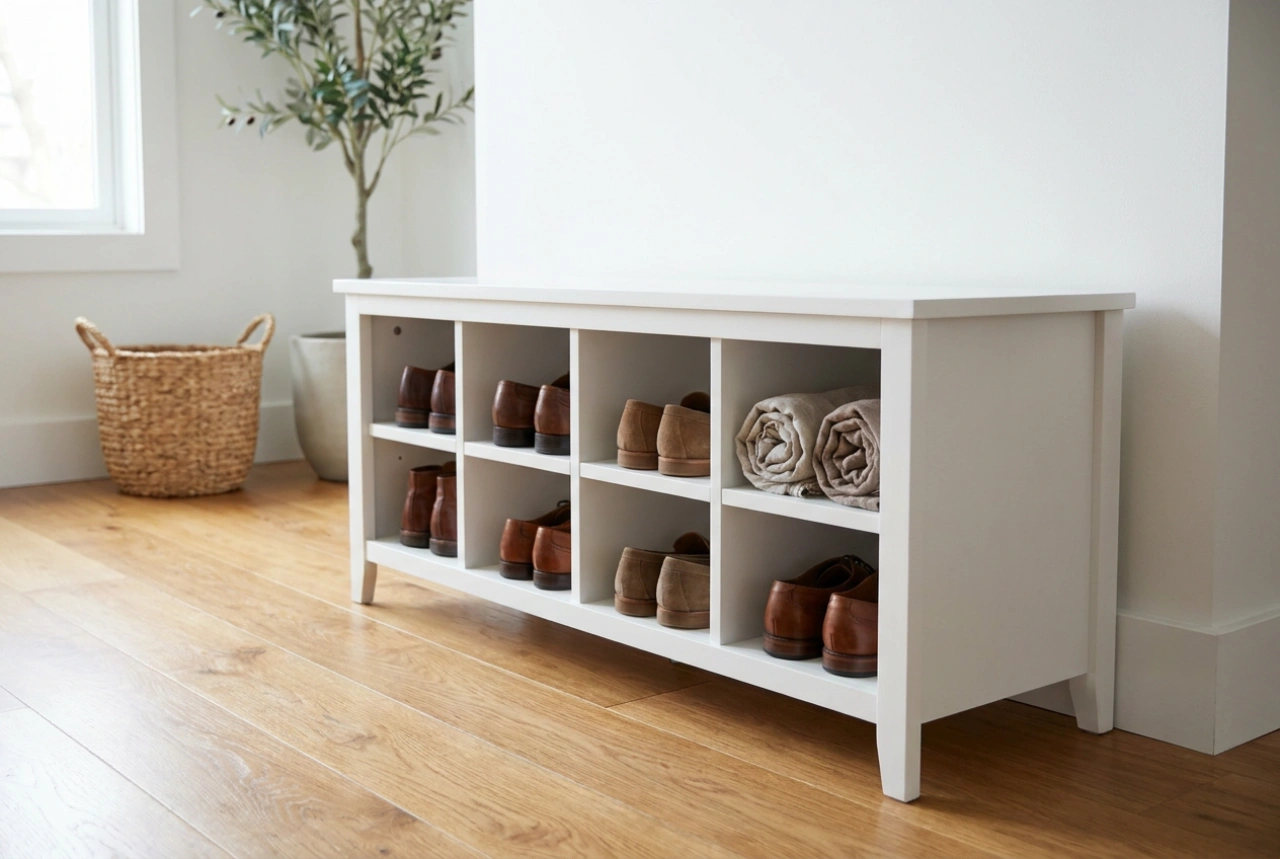 How a White Entryway Bench Organises Hallway Footwear