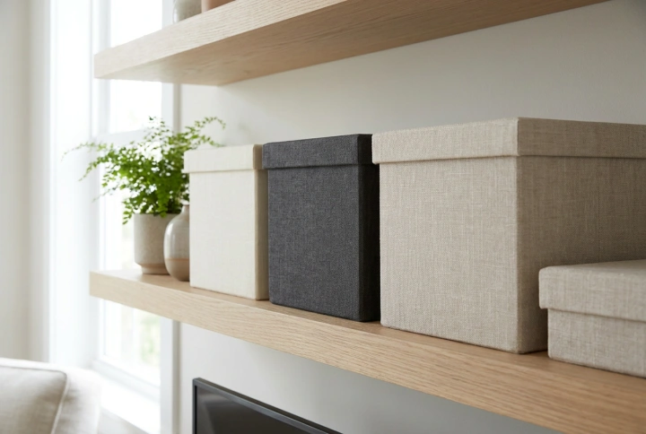 Decorative Storage Boxes and Cohesive Shelf Organization