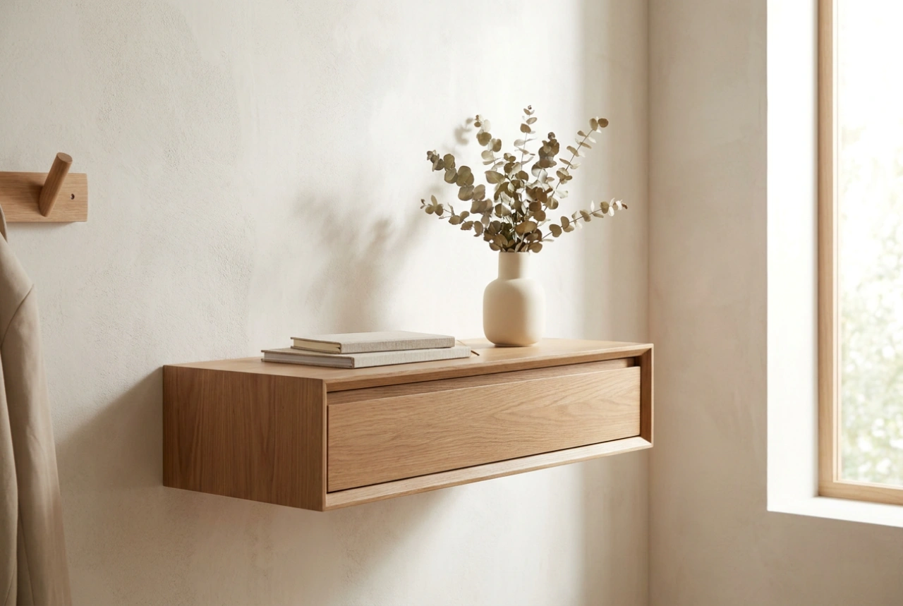Wall-mounted shelf with drawer: organising small items in the entryway