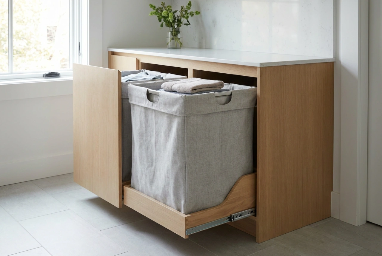 Integrated cargo laundry baskets: Hidden clothes sorting in bespoke cabinetry