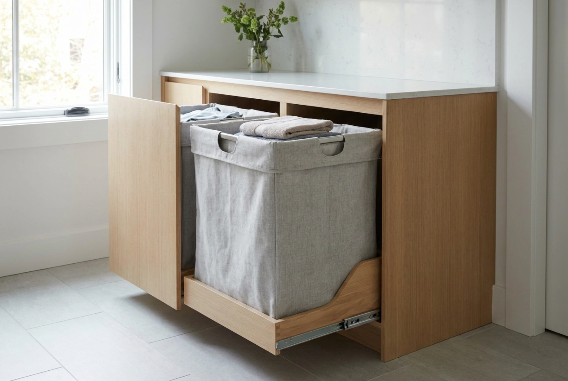 Integrated cargo laundry baskets: Hidden clothes sorting in bespoke cabinetry