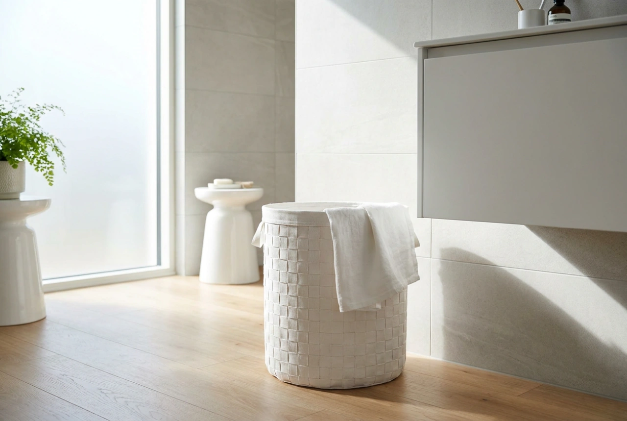 White Laundry Basket and Strategies for a Clean Bathroom Aesthetic