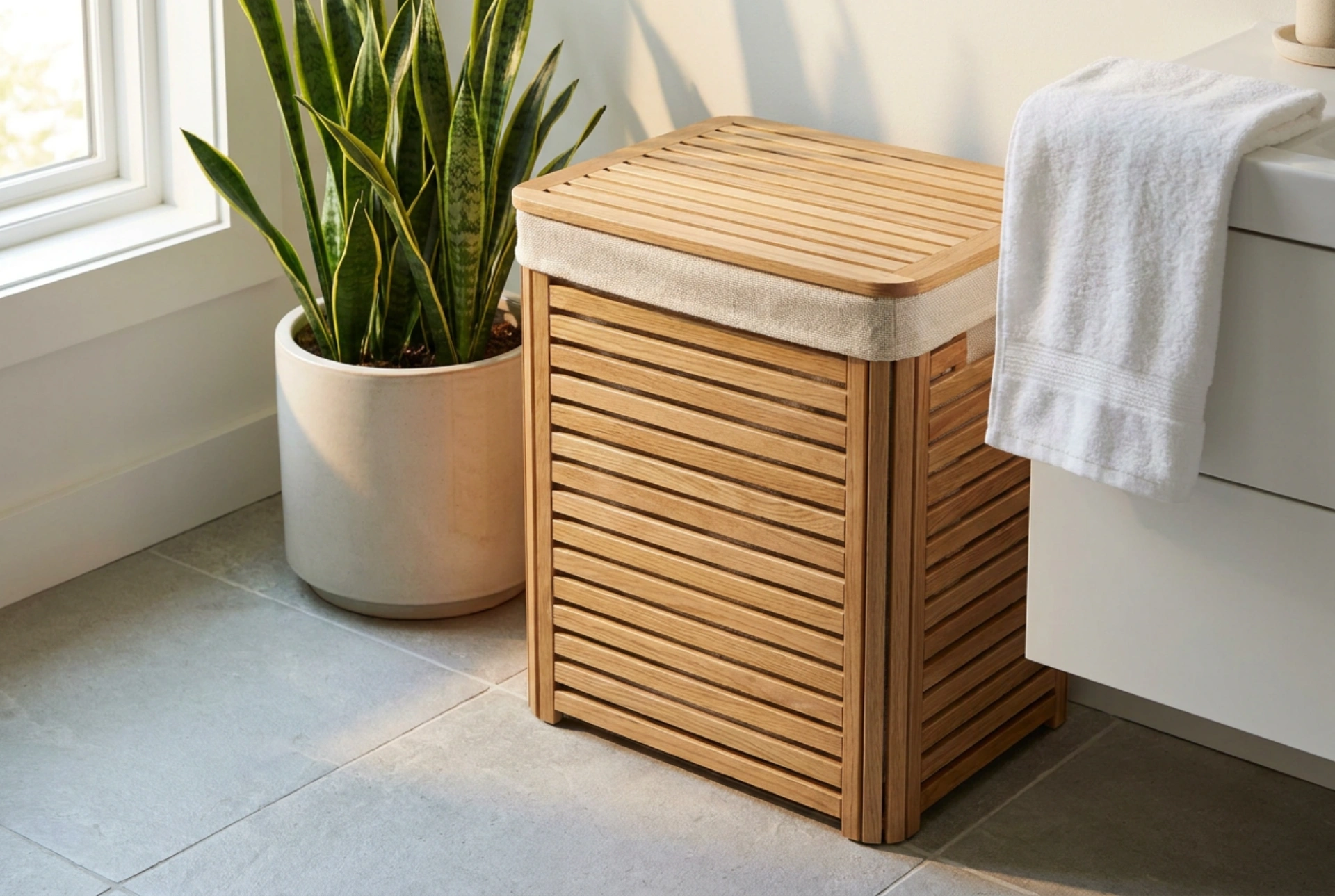 Wooden laundry baskets and moisture protection in the bathroom