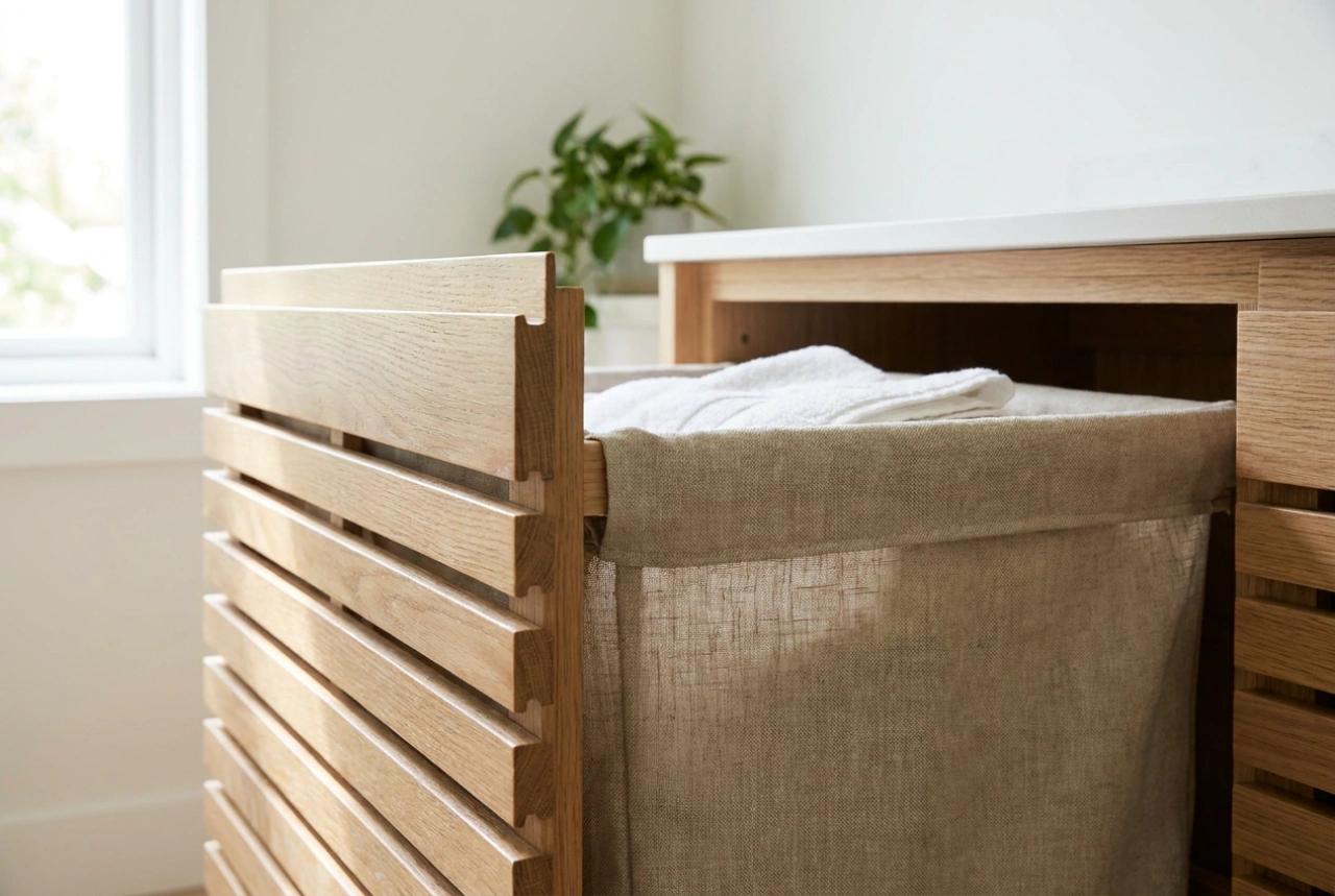 Built-in laundry basket designs that maintain optimal ventilation