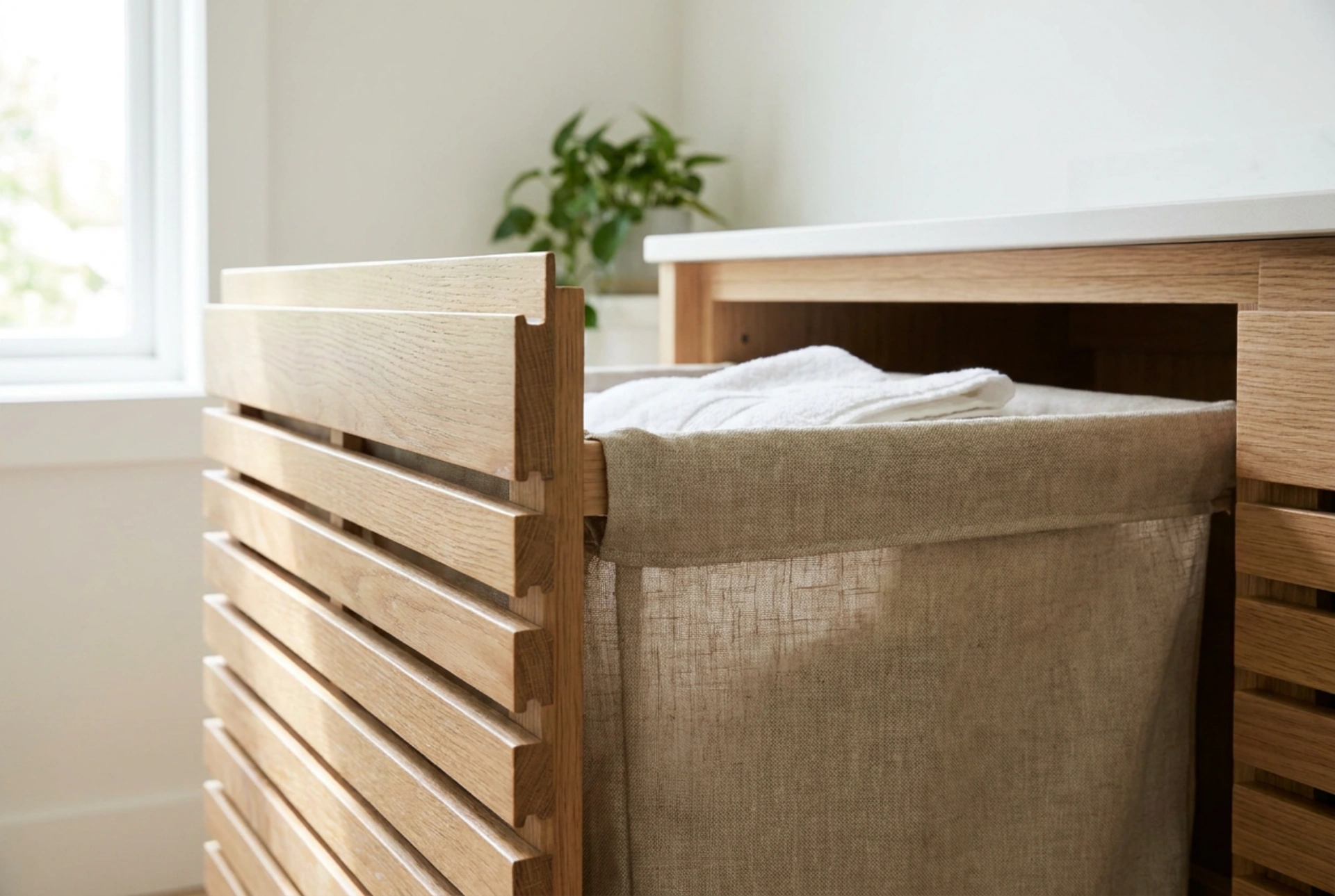 Built-in laundry basket designs that maintain optimal ventilation