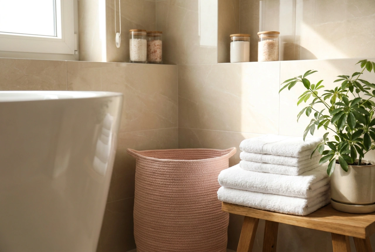 How to integrate a pink laundry basket into a practical bathroom