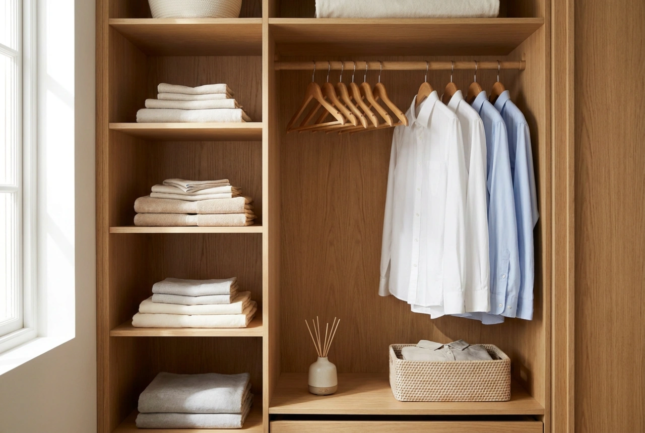 How to Organize a Two-Door Wardrobe with Shelves and a Hanging Rod