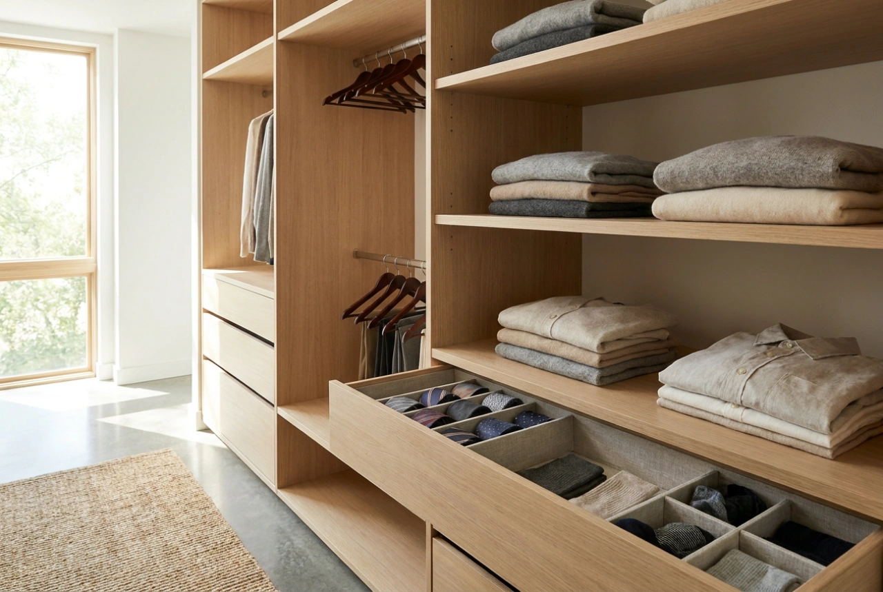 Practical Wardrobe Layout with Drawers and Shelves for Everyday Use