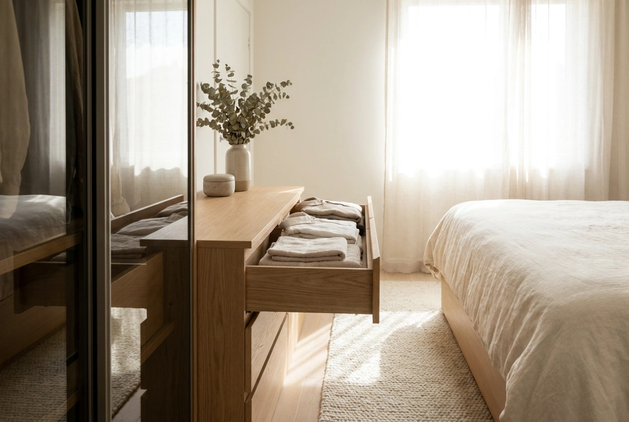 How to Divide Storage Between a Mirrored Wardrobe and a Chest of Drawers