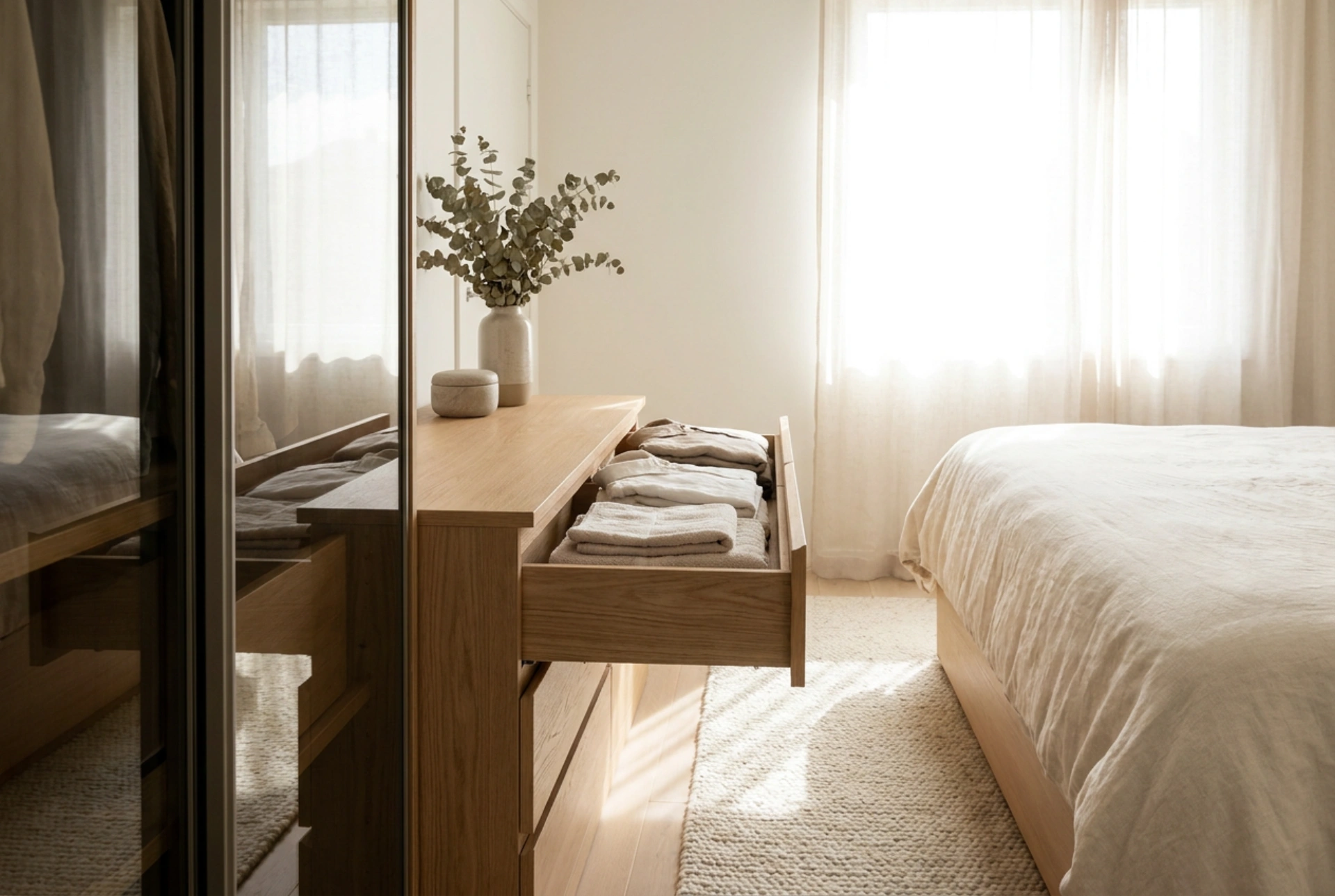How to Divide Storage Between a Mirrored Wardrobe and a Chest of Drawers