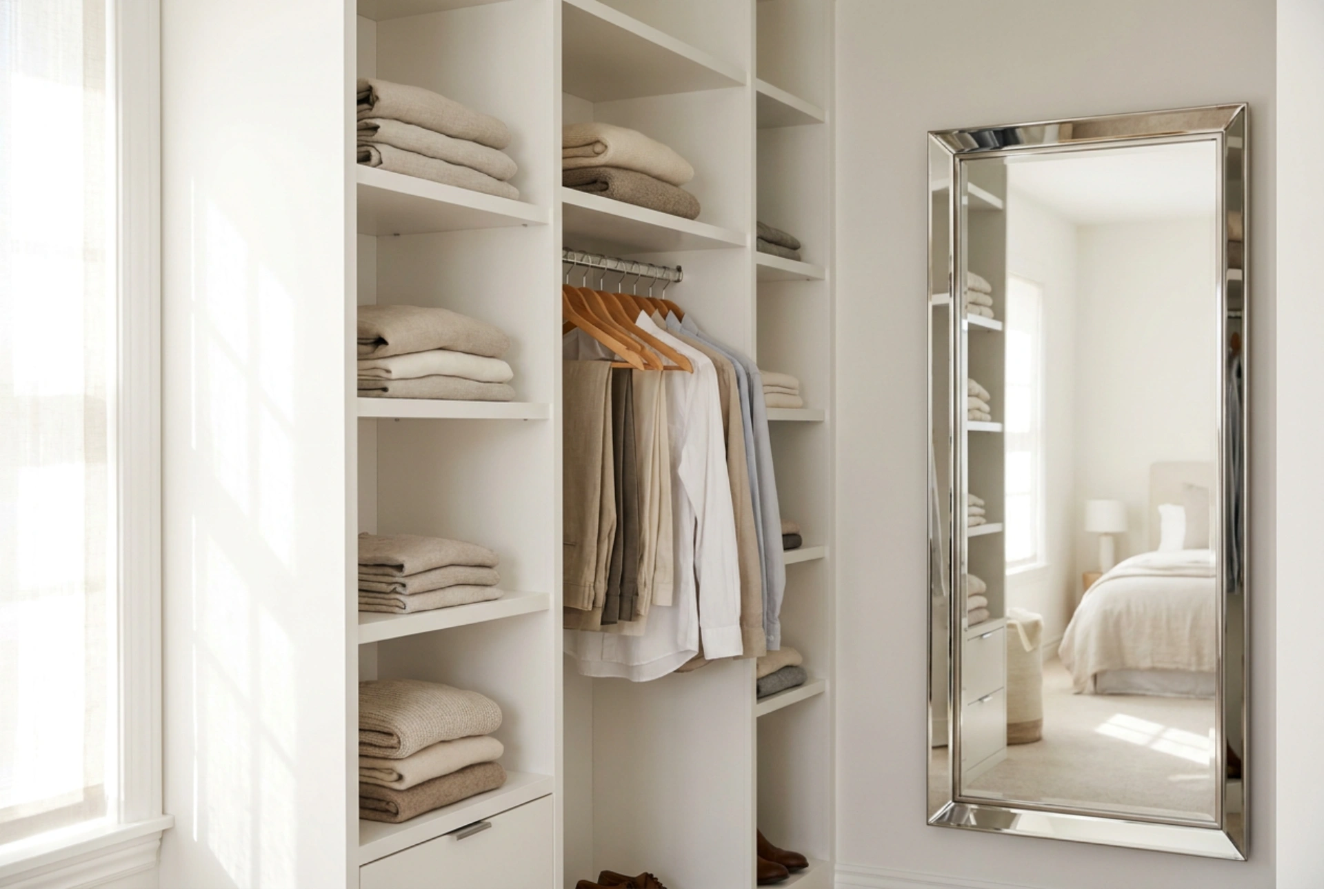 Practical Layout of a Small Wardrobe with a Mirror for Essential Items