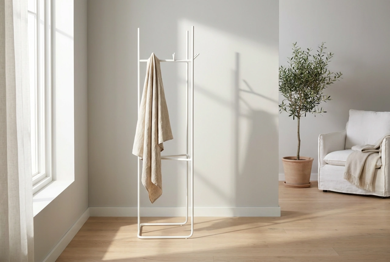 How to Position a White Standing Coat Rack to Avoid Cluttering the Room