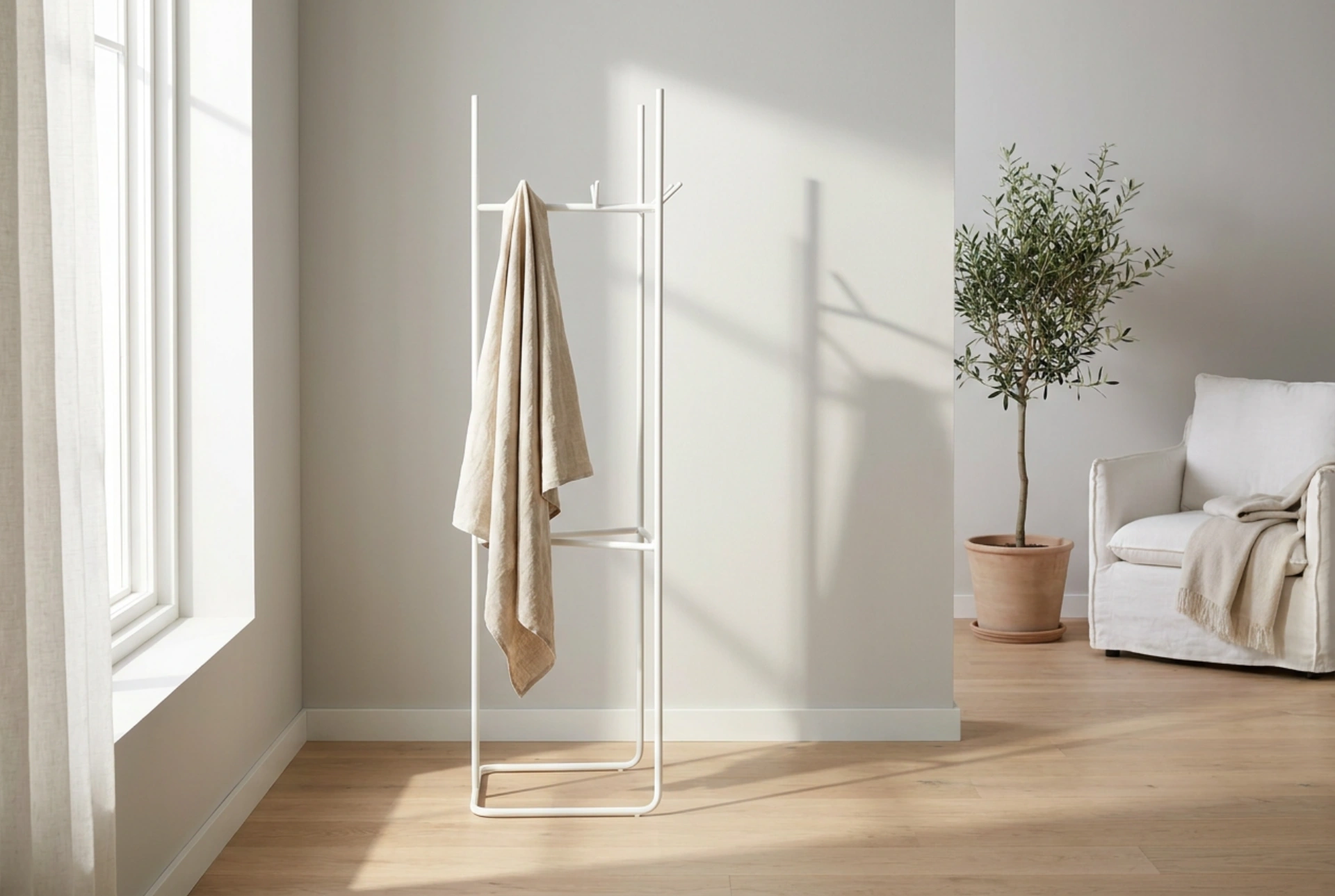 How to Position a White Standing Coat Rack to Avoid Cluttering the Room