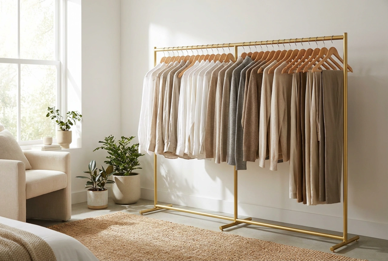 How to Organize a Gold Clothes Rack as an Open Wardrobe