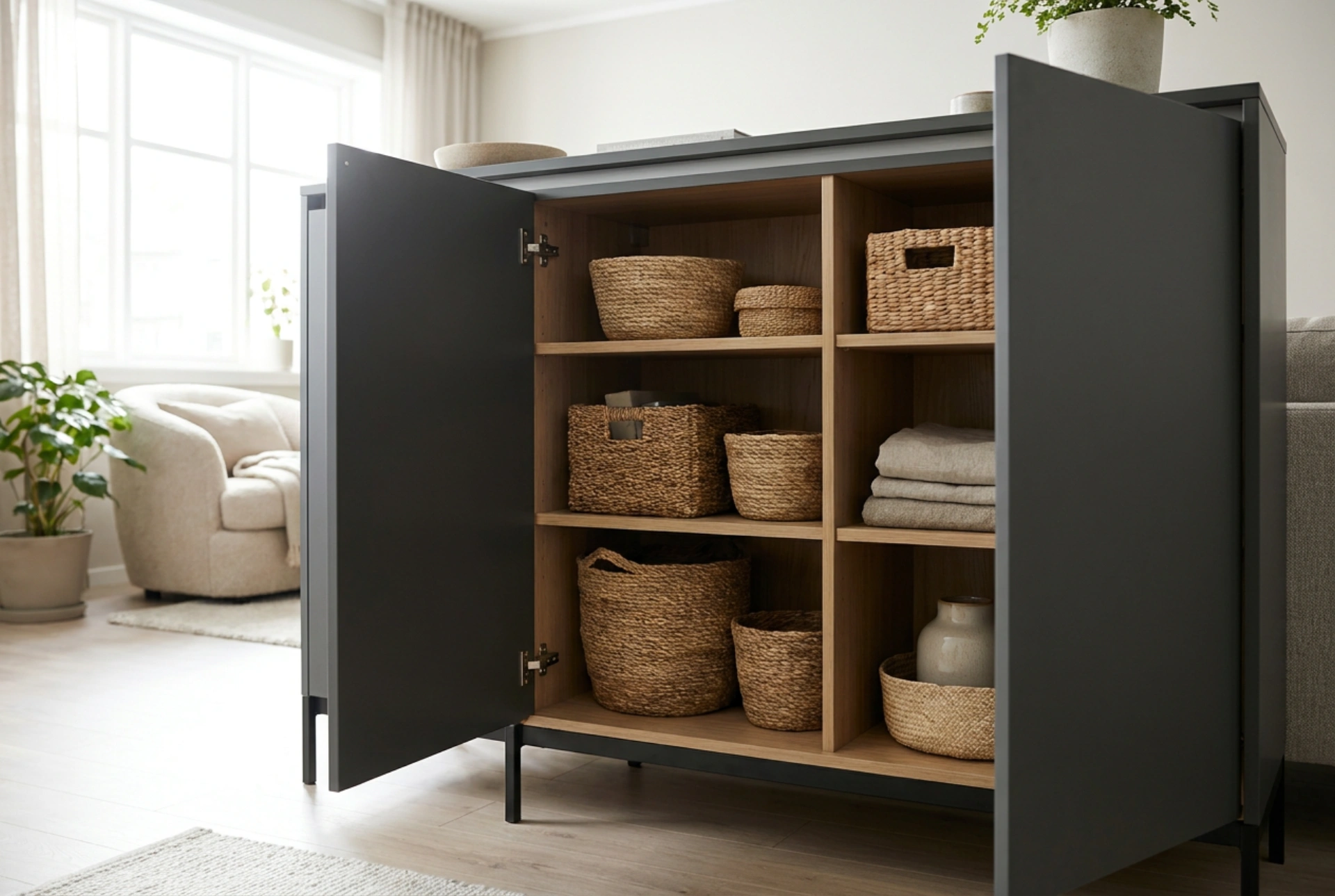 How to Conceal Storage inside an Elegant Living Room Cabinet