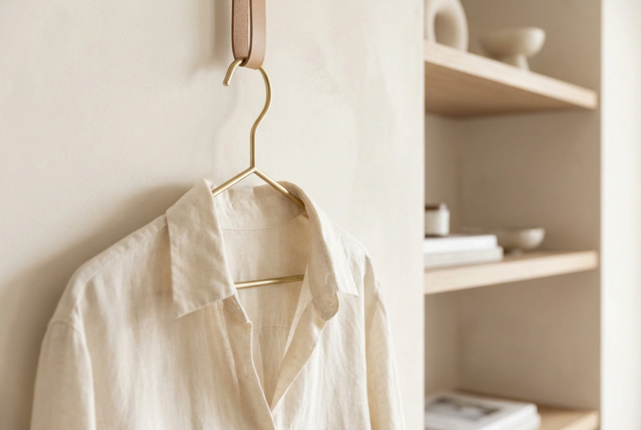 How a Gold Clothes Hanger Brings Order to an Open Wardrobe