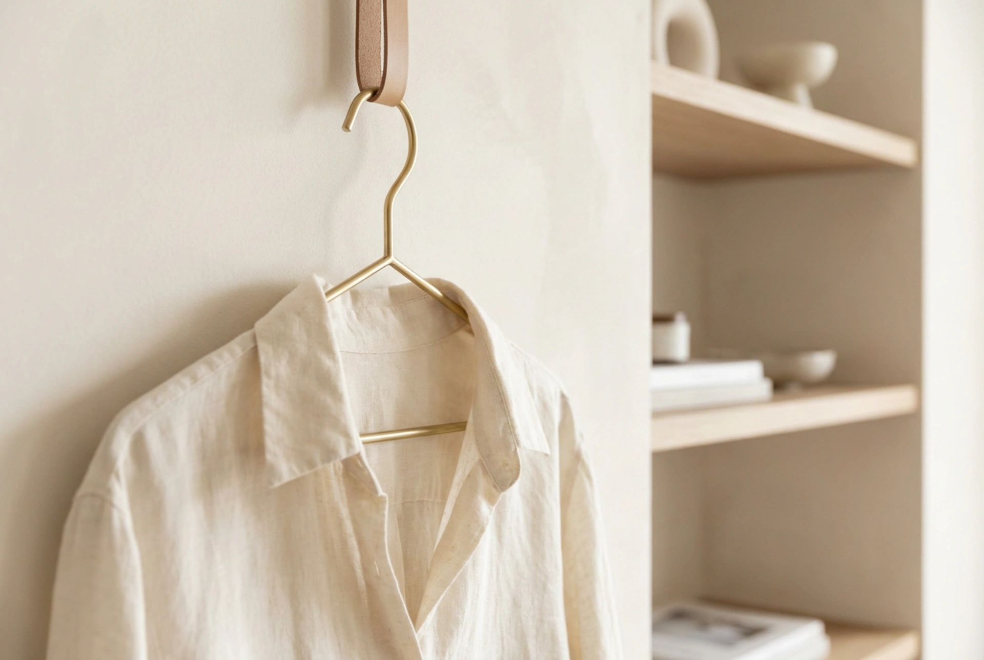 How a Gold Clothes Hanger Brings Order to an Open Wardrobe