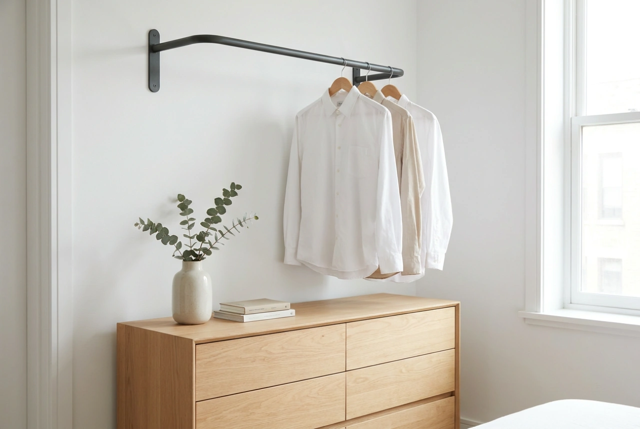 Dresser with a clothes rail as a mini wardrobe for a small bedroom