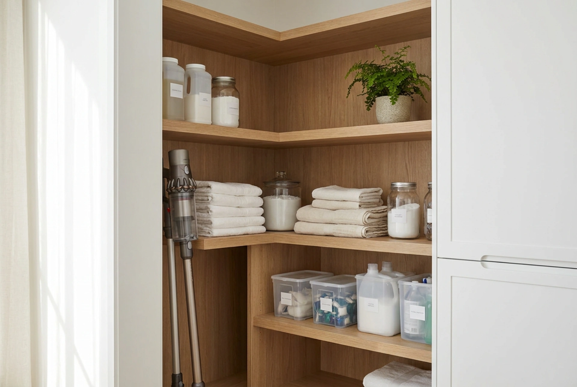 Designing a functional utility closet in the hallway for supplies and appliances