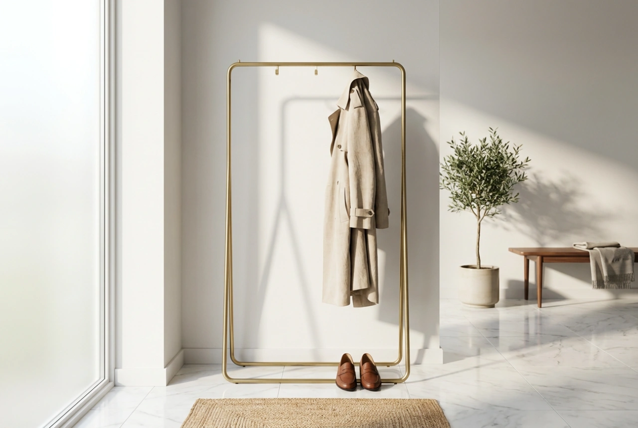 Gold Freestanding Coat Rack and the Management of Transitional Clothing