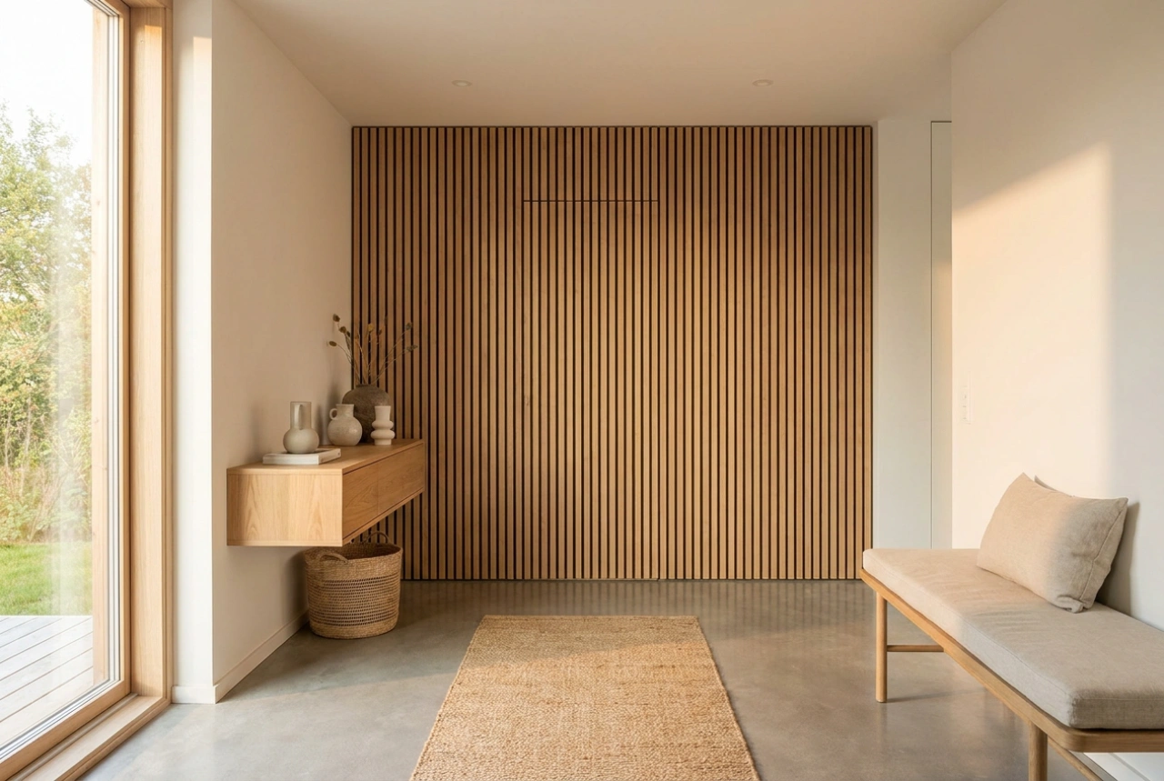 Hallway Wardrobes with Slatted Panels: Hiding Storage Behind Architectural Rhythm
