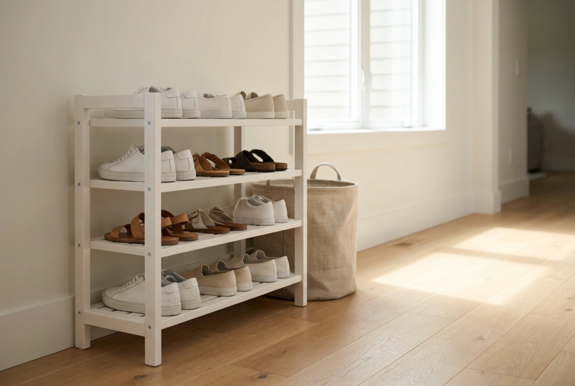 White shoe racks in bright hallways: how to keep entryways pristine