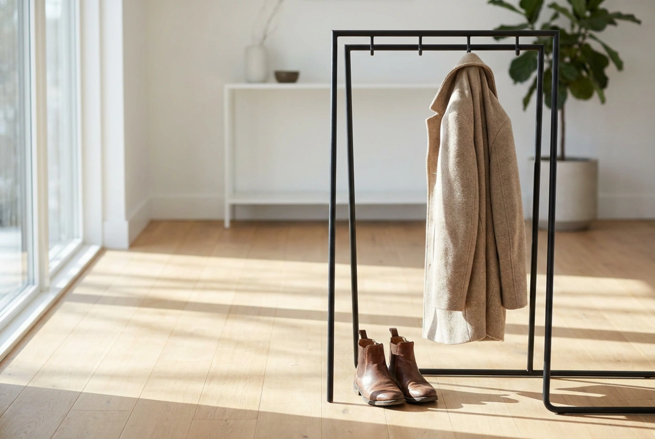 Organising a Modern Standing Coat Rack Without Visual Clutter