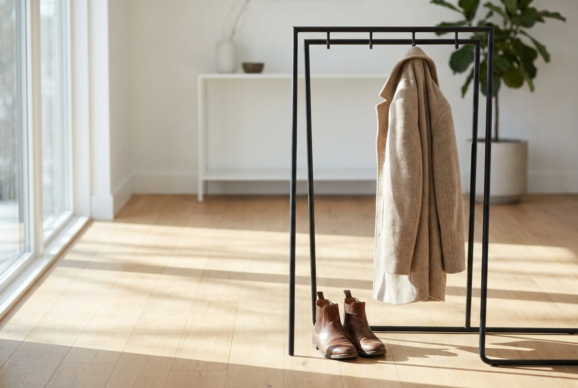 Organising a Modern Standing Coat Rack Without Visual Clutter
