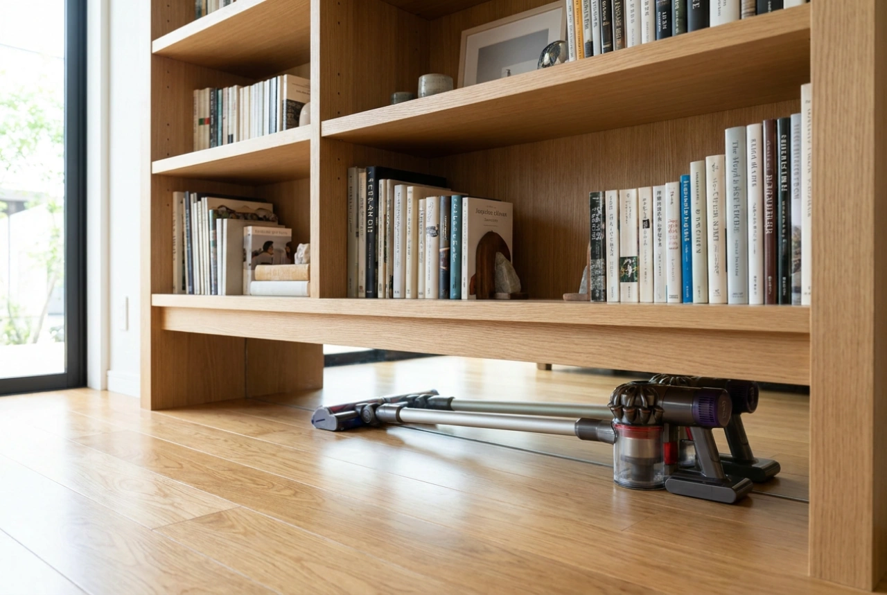 Wooden Bookshelves and a Layout Designed for Effortless Vacuuming