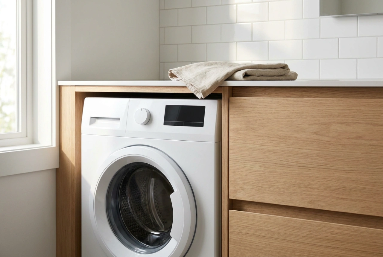 Small front-loading washing machine in a practical bathroom layout